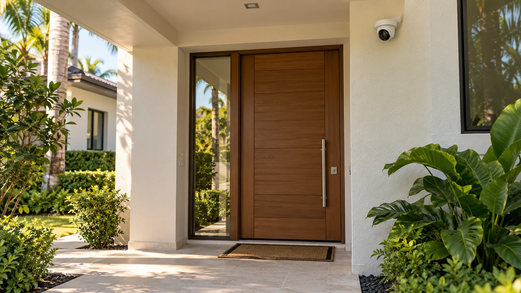 Carefully installed security camera watching the entrance of a Miami home
