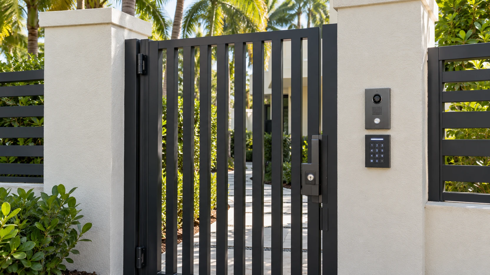 Pedestrian gate with a professionally installed access control keypad and intercom