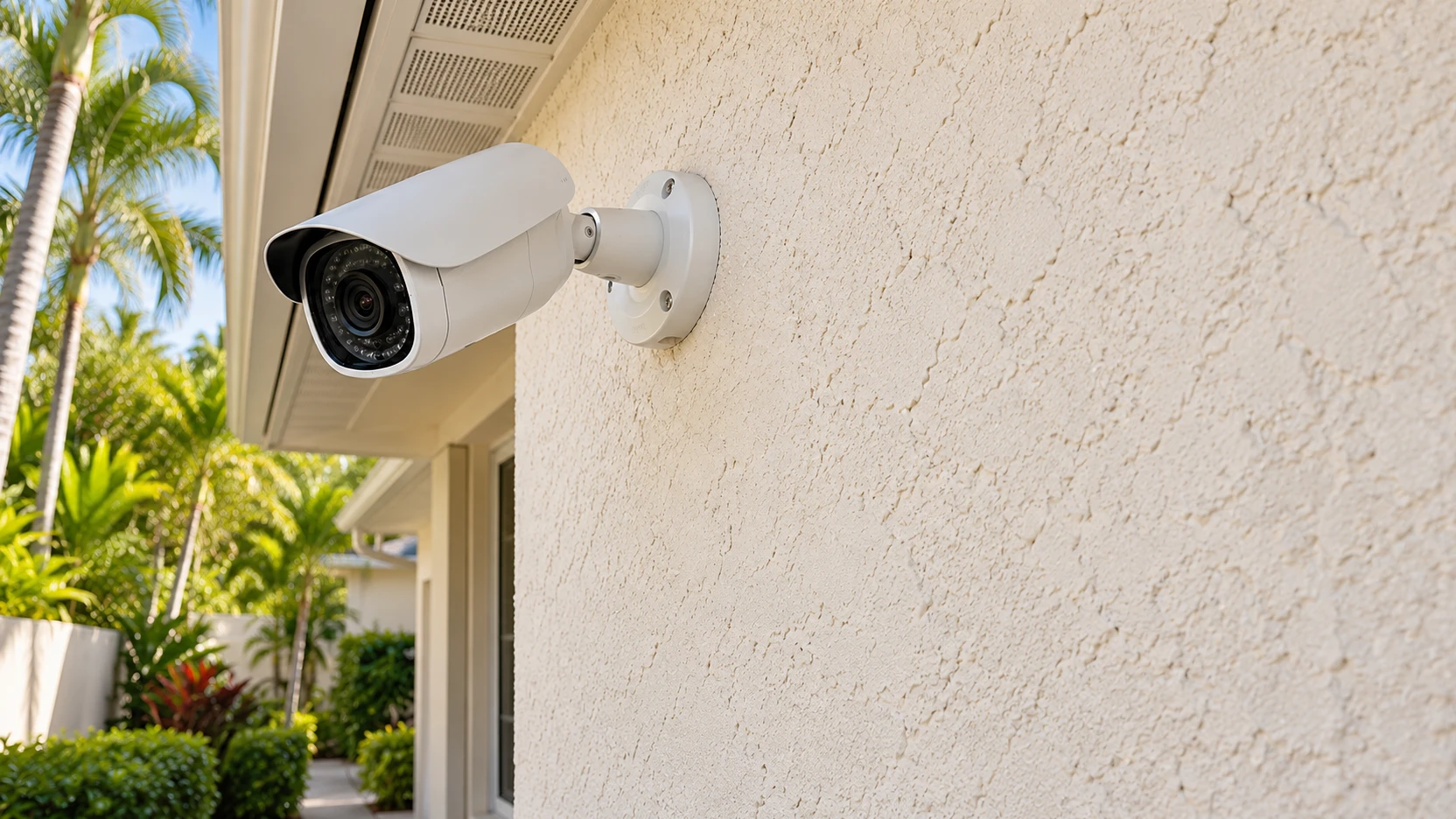 Outdoor security camera mounted on the left side of a Miami home exterior