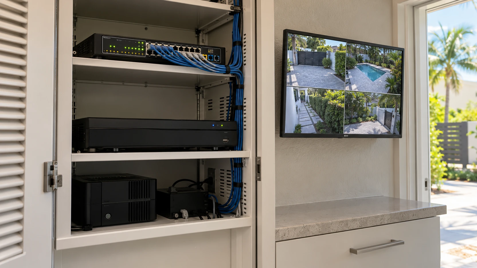 Recorder, network switch and security camera monitoring in a Miami property