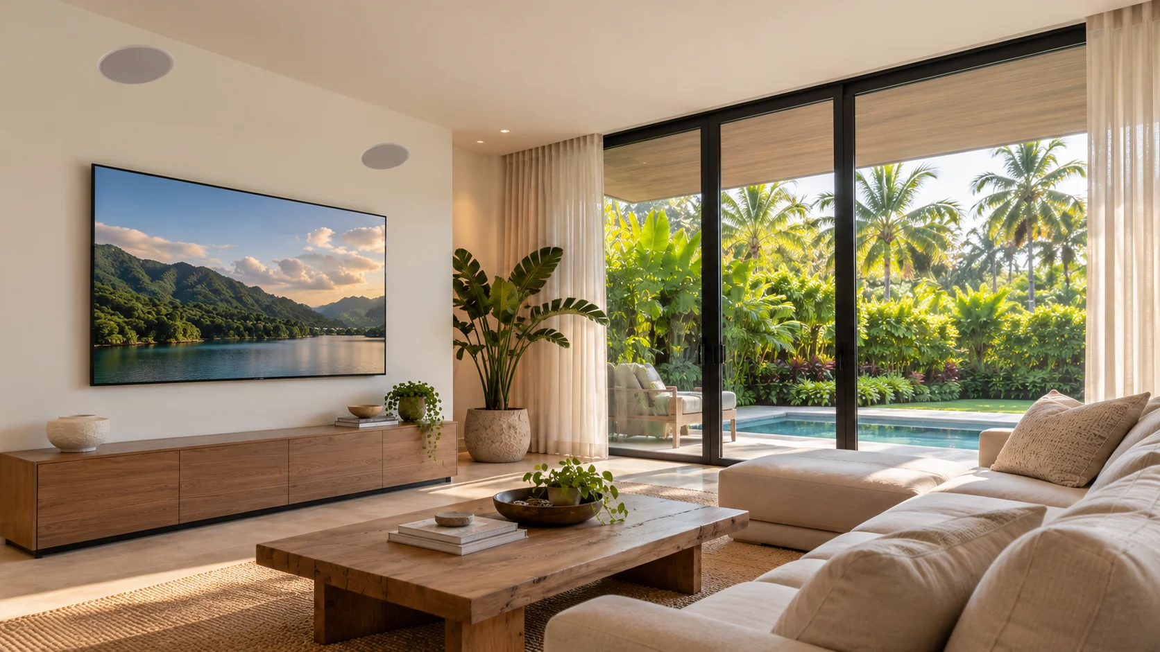 Wall-mounted television and two ceiling speakers on the left side of a Miami living room