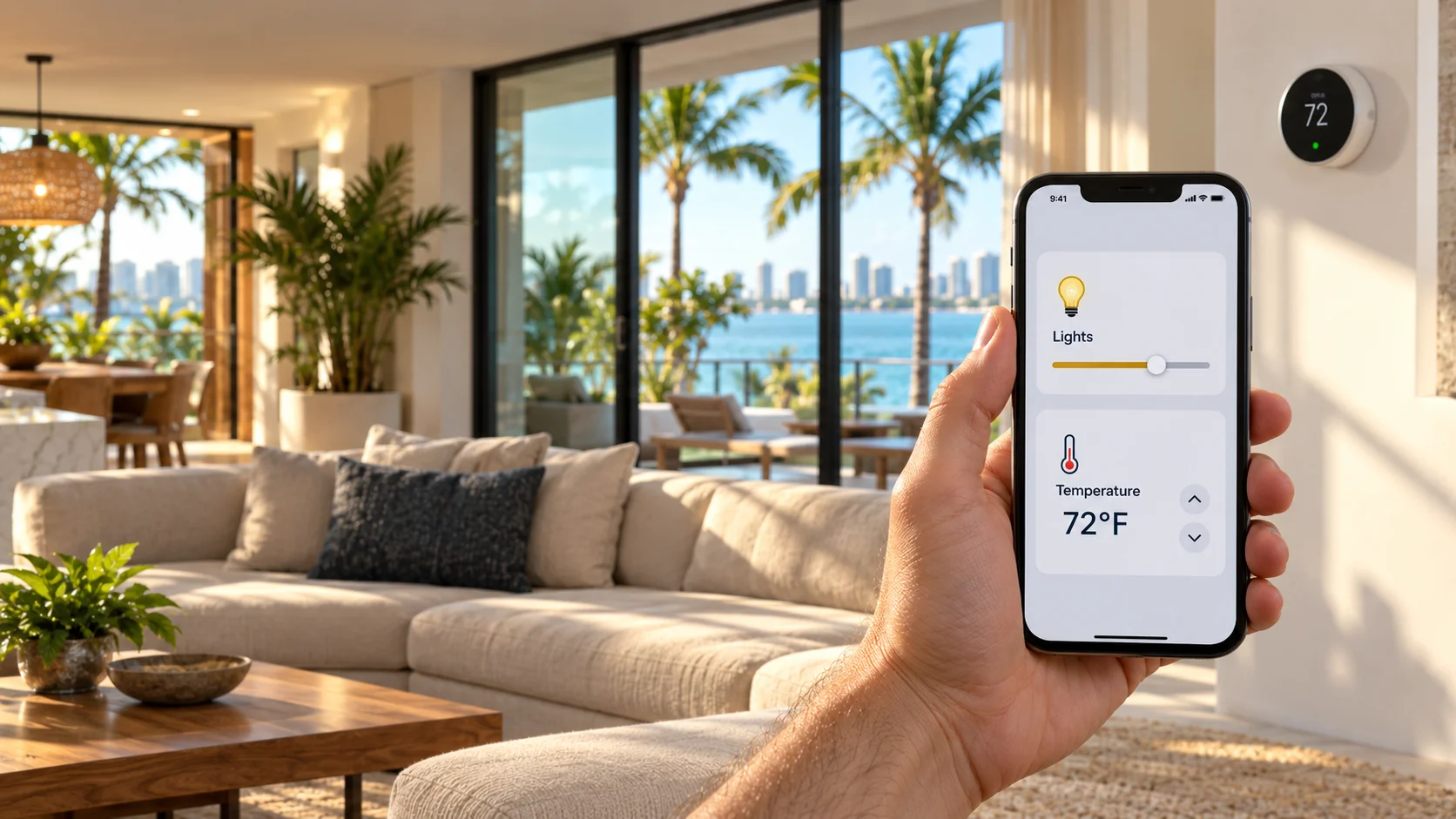 Phone with lighting and temperature controls beside a wall thermostat in a Miami home